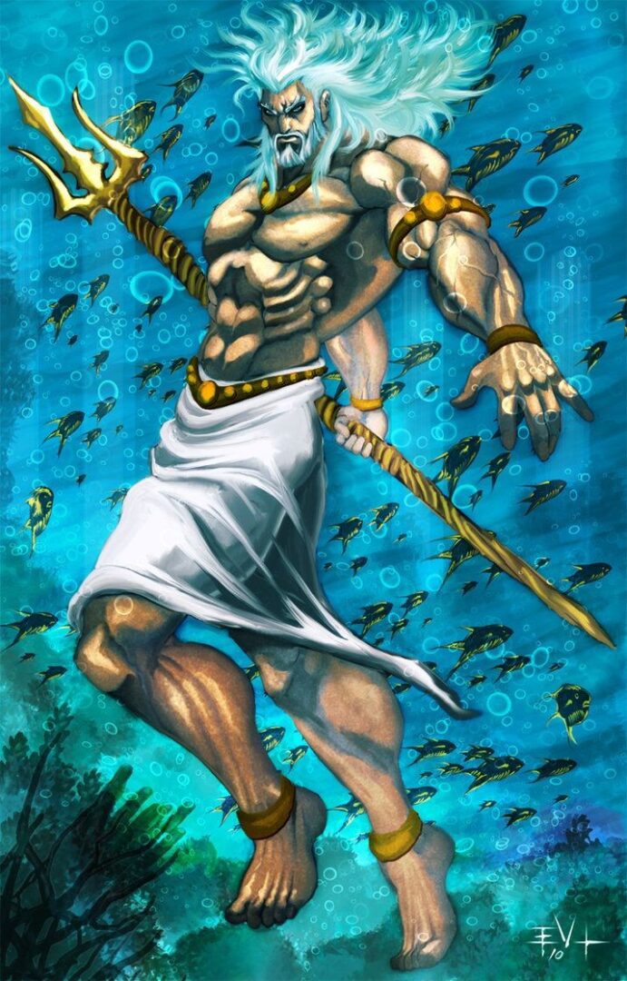 Mythical underwater god with trident and fish.